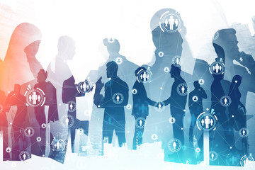 Business people in city, HR HUD interface