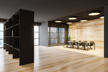 Dark gray office meeting room with bookcase