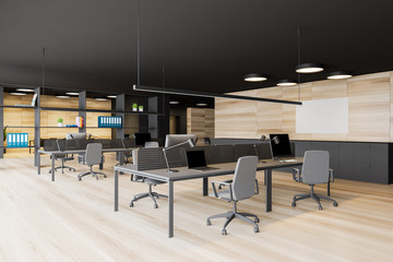 Dark gray open space office with mock up picture
