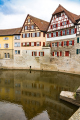 Half timbered houses along river Kocher in Schwabisch Hall, Germany