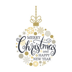 Merry Christmas and new year quote in Christmas ball decoration for Christmas tree. Unique hand lettering.