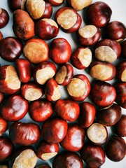 Ripe chestnuts close up, top view. Food background. Raw Chestnuts