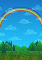 Landscape, Green Summer Forest with Trees Silhouettes and Blue Sky with Bright Colorful Rainbow and White Clouds. Vector