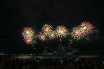 the view of people watching the Firework at Pattaya Beach (Pattaya International Firework 2019), Thailand