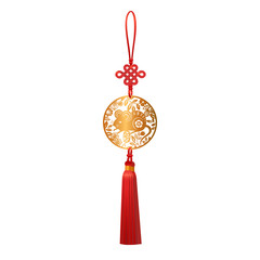 Golden Pendant with Mouse and Luck Knot. Chinese New Year traditional Zodiac Rat symbol of 2020 paper cut round design. Vector isolated illustration