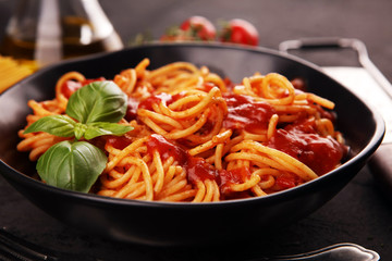 Plate of delicious spaghetti Bolognaise or Bolognese with savory minced beef and tomato sauce...