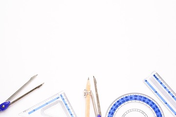 Geometry set isolated agains white, flat lay composition, copy space for text