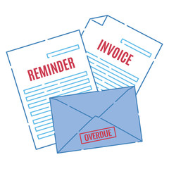 Stack of letters containing an invoice, payment reminder notice and an overdue statement with a stamp. Unpaid debt final warning, envelope with past due stamp. Finance business vector illustration.