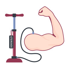 Pump inflating steroids and growth supplements into bodybuilder strong muscular arm. Sportsman taking doping, anabolic and protein. Sport and fitness concept. Vector cartoon illustration.