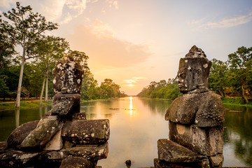 Fototapeta premium Fiery sunset around temple area in Cambodia. Siem reap city 