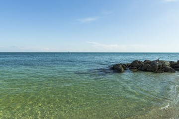 Gorgeous view of boundless Atlantic ocean. Cute seagulls standing  on rocks surrounded of blue ocean water on light blue sky background. 