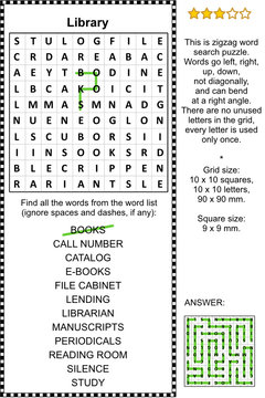 Library themed zigzag word search puzzle (suitable both for kids and adults). Answer included.