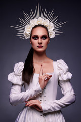 White gothic nun renaissance portrait in halo