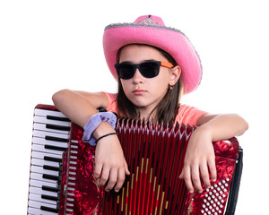 Stylish young preteen girl with accordion isolated on a white background.