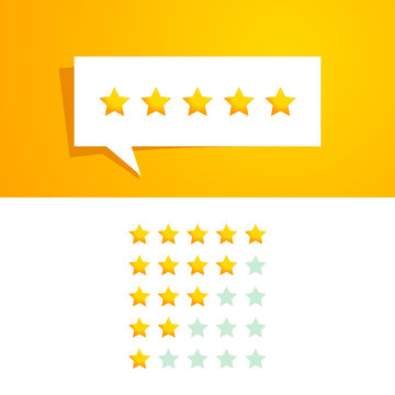 5 Five Star Rating Review Vector Design Template With Gold Color And Speech Bubble For All Company Evaluation