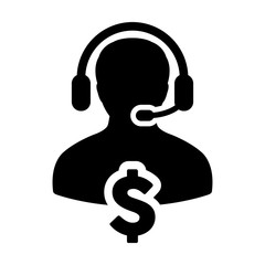 Client service icon vector and dollar sign money symbol with male customer care person avatar symbol with headphone for banking and business support in a glyph pictogram illustration