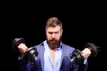 Fototapeta na wymiar Dumbbells. Fitness. Sportsman. Man workout with dumbbells. Weightlifting. Bearded man workout. Gym. Sport.