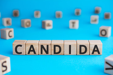 Candida - word from wooden blocks with letters, a parasitic fungus candida concept, random letters around, blue background