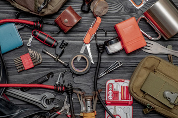 A set of tools for cycling and hiking. The concept of an active lifestyle.