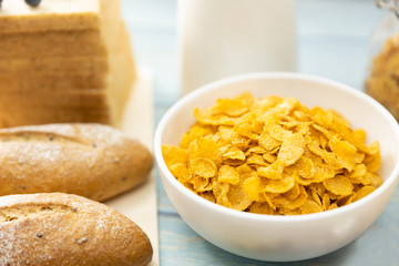 Close up Healthy breakfast cereal in bowl on wooden table. Healthy food