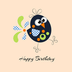 Happy Birthday letterling greeting card with bird. Vector isolated illustration
