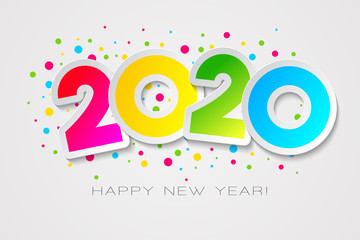Happy 2020 New Year card in paper style for your seasonal holidays flyers, greetings and invitations cards and christmas themed congratulations and banners, Vector isolated illustration