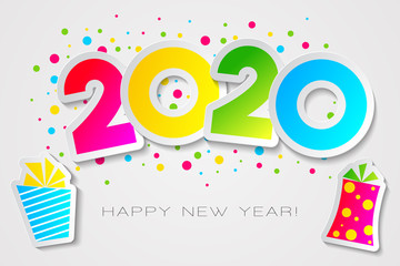 Happy 2020 New Year card in paper style with presents, for your seasonal holidays flyers, greetings and invitations cards and christmas themed congratulations and banners, Vector isolated illustration