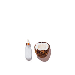Minimal flat lay composition bottle of cosmetic coconut oil
