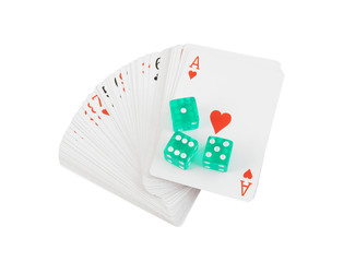 Playing cards and dices isolated on white, gambling concept