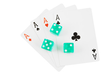 Playing cards and dices isolated on white, gambling concept