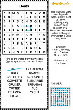 Boats and ships zigzag word search puzzle (suitable both for kids and adults). Answer included.