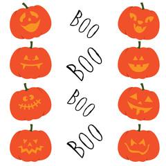 Set of halloween pumpkins. Collection of funny faces halloween pumpkins. Autumn holidays october. Vector illustration. Boo. 