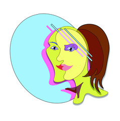 Behind the mask, cubism art style. Design. Abstract woman cartoon face with green eyes and ponytail wearing the mask, masquerade and pretending concept.
