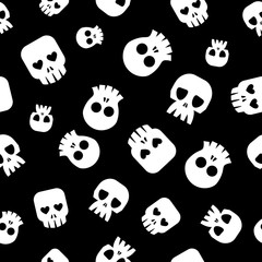 Seamless halloween pattern. Human skeletons. Different skulls. Death´s headson black background. Vector EPS10.