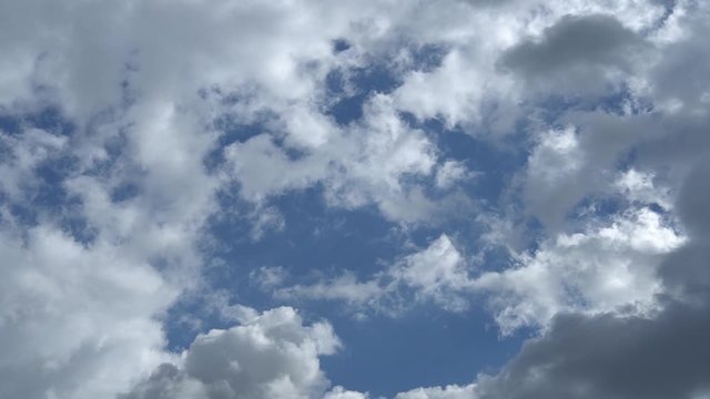 Only sky. Beautiful panorama of blue sky with white clouds. Clouds fly overhead. Relaxing view of moving transforming clouds. Full HD Time Lapse