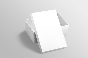 Top view of white plain open shoebox with lid mockup on isolated background