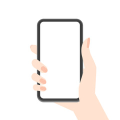 画面が白いスマホを持っている女性の手 - シンプルでおしゃれな使用中のスマートフォンのイメージ素材