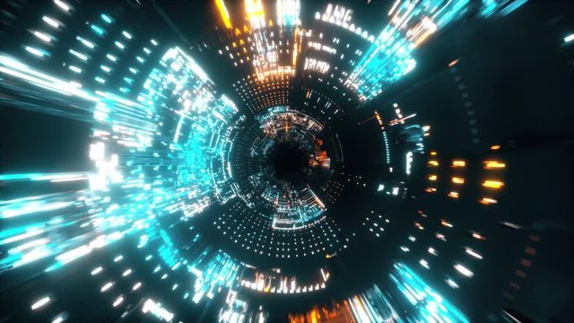 Flying into spaceship tunnel, sci-fi spaceship corridor. Futuristic technology abstract seamless VJ for tech titles and background. Motion graphic for internet, speed. Seamless loop 3D render
