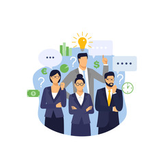 Businessman and businesswomen with a question mark and a light bulb over his head. Many questions and insight. People having business idea vector illustration.