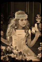 vintage cute girl in a white princess dress