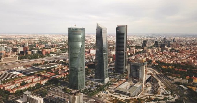 MADRID, SPAIN - JUNE 16, 2019: Four business skyscrapers (Cuatro Torres) of the business district in Madrid. Spain