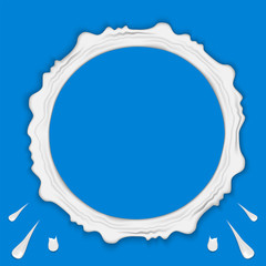 Set of milk ring splashes isolated on blue background. Cream, yogurt fall with drops and blots.
