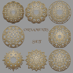 Circular decorative patterns in Arabic style. Islamic decor with stars. 3d ramadan islam round elements . Set of geometric logo templates. Ornamental Islam symbols