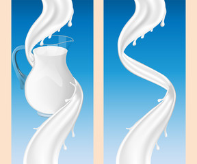 Glass jug and Milk or yogurt white swirl and on blue background, three dimentional milky vortex splashing realistic. Set of labels for milk and dairy. For various design needs.