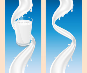 Milk or yogurt white swirl and glass on blue background, three dimentional milk vortex splashing realistic. set of labels for milk and dairy. For various design needs.