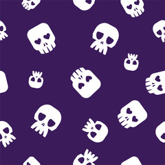 Seamless halloween pattern. Human skeletons. Different white skulls. Death´s headson purple background. Vector EPS10.