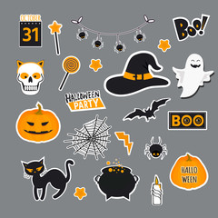 Vector illustration of set of halloween element with pumpkin, skeleton, pot of potion, ghosts and bats. Illustration can use for kids decor, print, card, sticker kit