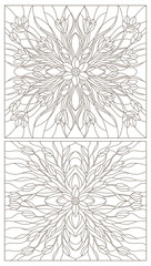 Set of contour illustrations of stained glass with floral arrangements of tulips and crocuses, dark contours on a white background