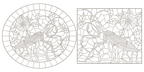 Set of contour illustrations of stained glass with mantises and flowers, dark outlines on white background