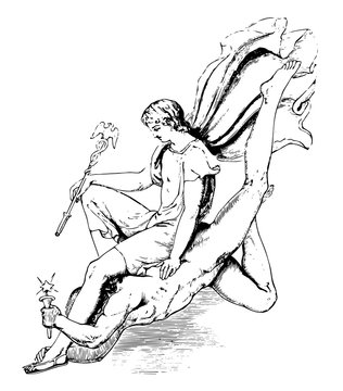 Sculpture of Comus with the attending spirit descending on a glancing star, vintage engraving.